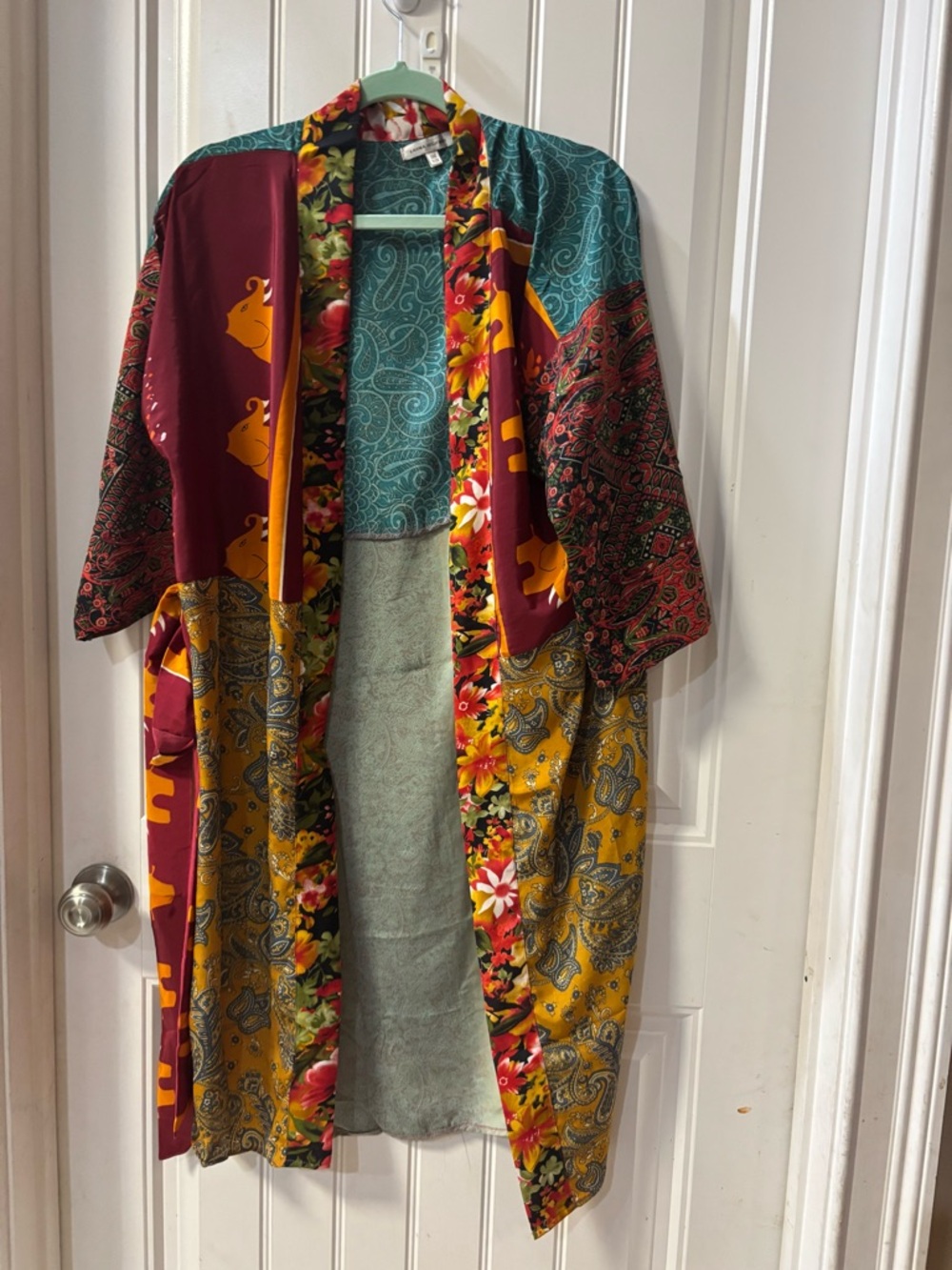 Multi-Pattern Kimono Robe in Teal, Mustard & Burgundy - Picture 9 of 10